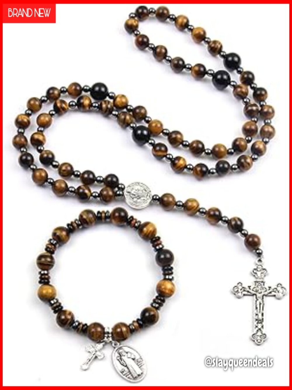 8mm Tiger Eye St Benedict Rosary Necklace & Bracelet Set Catholic Jewelry